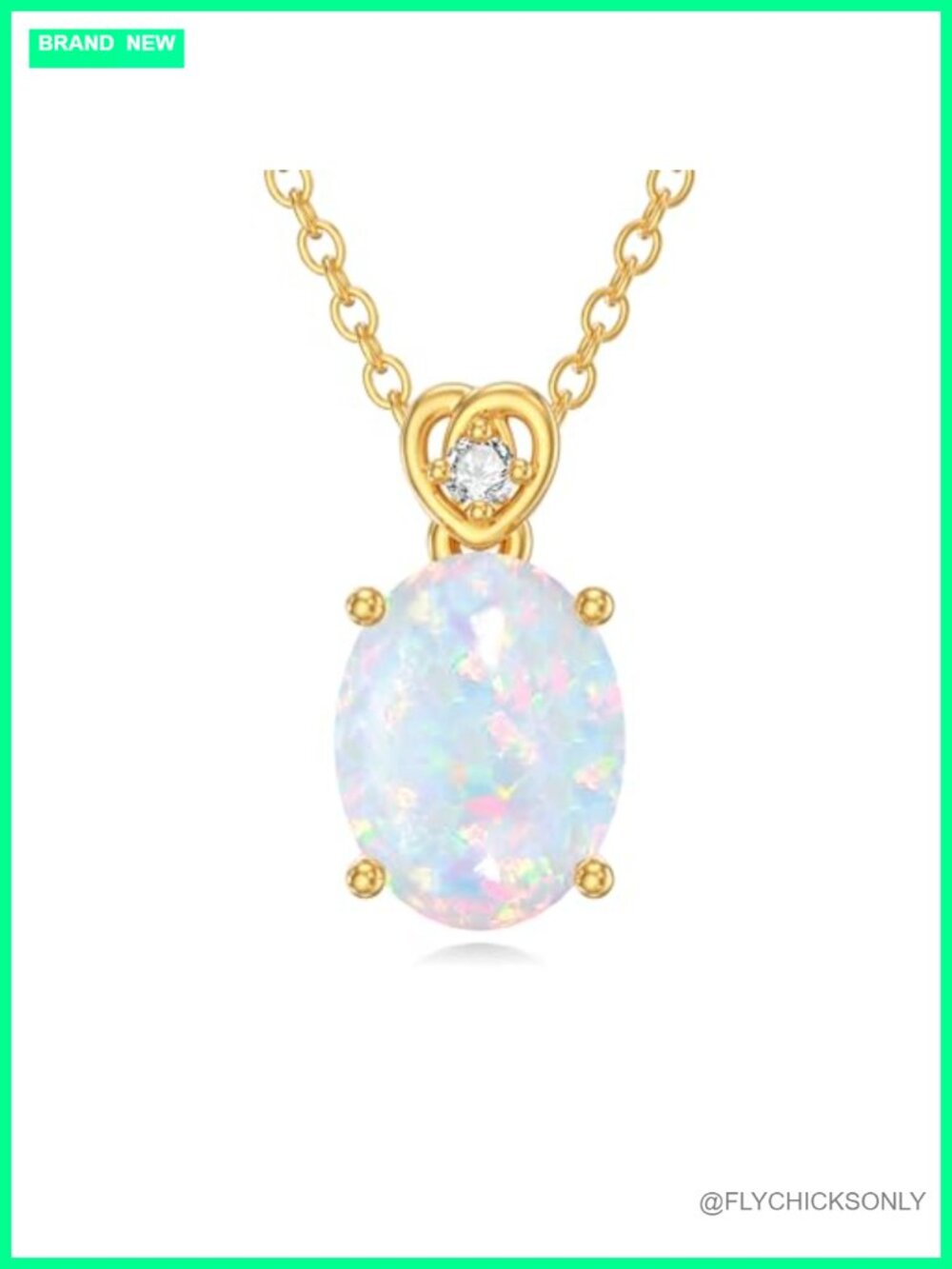 14k Gold Oval Birthstone Necklace with Diamond, 2 Carat Created Opal